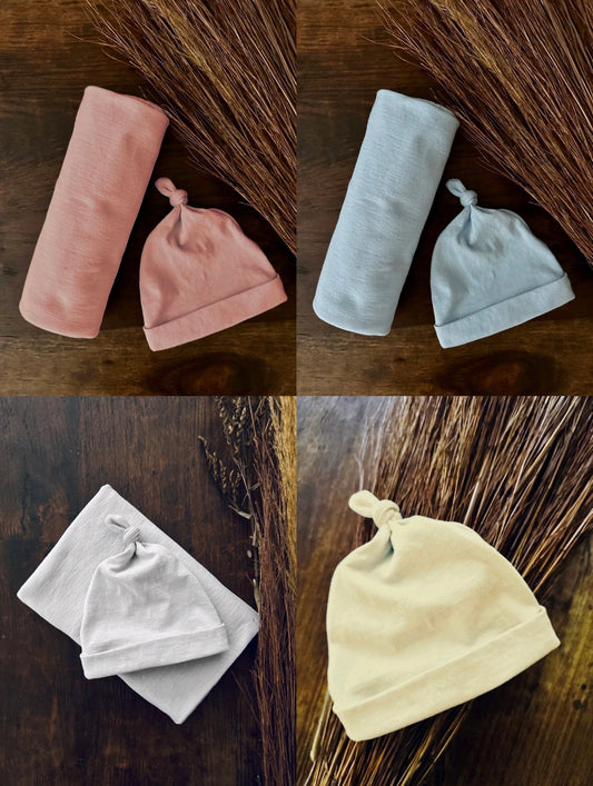 Organic cotton swaddle blanket and beanie baby set